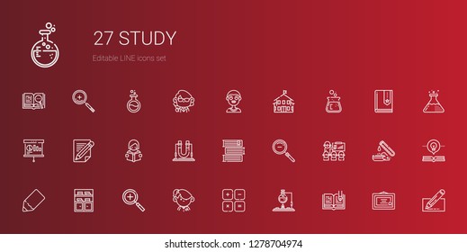 study icons set. Collection of study with open book, flask, maths, student, zoom in, bookshelf, pencil, presentation, zoom out, books, reading. Editable and scalable study icons.