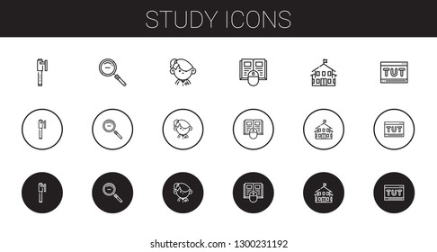 study icons set. Collection of study with pen, zoom out, student, book, kindergarten, tutorial. Editable and scalable study icons.