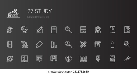 study icons set. Collection of study with presentation, book, brain, math, pencil, notebook, loupe, school material, bookworm, backpack, bookshelf. Editable and scalable study icons.