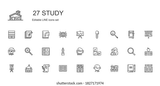 study icons set. Collection of study with presentation, student, bookshelf, notebook, literature, kindergarten, flask, periodic table, teacher. Editable and scalable study icons.