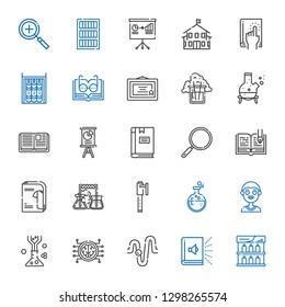 study icons set. Collection of study with shelf, audiobook, physics, brain, flask, boy, pen, catalogue, open book, loupe, book, presentation. Editable and scalable study icons.