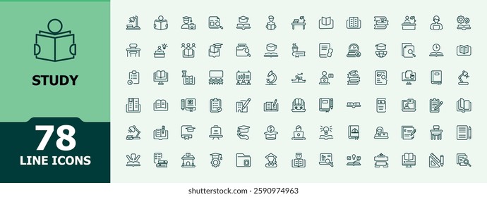 Study icons set. Contains related to literature, certificate, education, pen, student, e-book, teacher and more. Web icons. Minimalist vector collections.