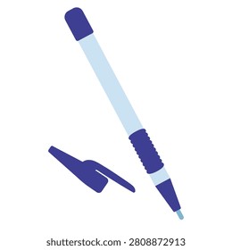 Study ink pen. Hand drawn vector flat. Writing instrument with open cap. School supplies. Letter. Stationery. Colored illustration.