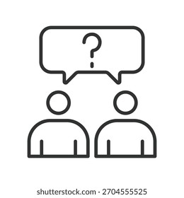 Studienanfragesymbol im Liniendesign. Studienanfrage, Teilnehmerfrage, Forschungsdiskussion, Versuchszweifel auf weißem Hintergrund Vektor. Studienanfrage editierbares Strichsymbol