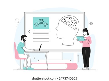 Study of intelligence. Man and woman study human brain. Anatomical studies. Scientist and doctors with computers and infographics. Linear flat vector illustration isolated on white background