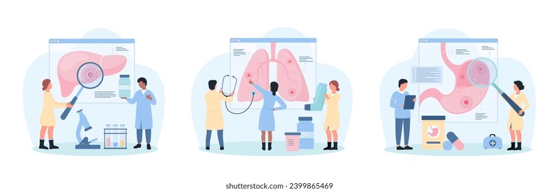 Study of internal organ diseases set vector illustration. Cartoon tiny doctors with stethoscope and magnifying glass research digital anatomy, medical infographic charts with liver, lungs and stomach