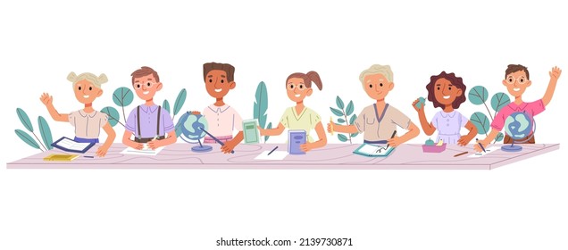 Study kids student, school children sitting at desk. Classroom studying, pupils primary school education process. School kids at classroom desk vector illustration set