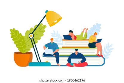 Study knowledge by book, student get education concept vector illustration. Man woman people character learn at library. Read information