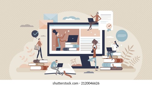 Study as knowledge learning for students in university tiny person concept. Online class with e-learning distant teaching and reading process vector illustration. Self development in virtual library.