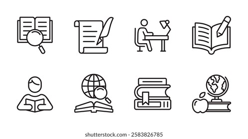 study knowledge research cognition icon line set education journal literature learning read book library business success innovation signs vector outline illustration