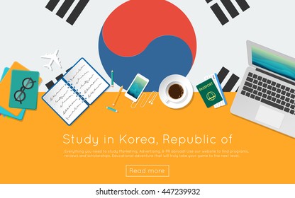 Study in Korea, Republic of concept for your web banner or print materials. Top view of a laptop, books and coffee cup on national flag. Flat style study abroad website header.