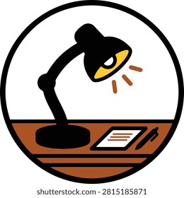 Study lamp, work desk, notebook, pen, lighting, education, creativity, business, office, vector.