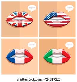 Study languages concept. Glamour lips with make-up of the flags, woman face. Flat design, vector illustration.