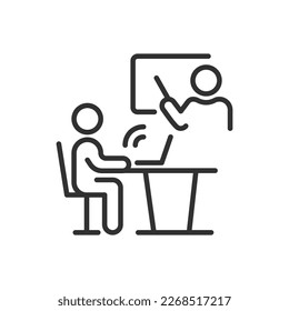 Study with a laptop in class, linear icon, teacher at the blackboard and a student at a desk with a laptop. Line with editable stroke