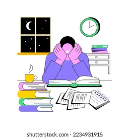 Study late at night isolated cartoon vector illustrations. Tired boy studying hard at late evening, educational process, preparing for university classes, pile of books around vector cartoon.