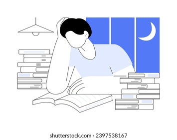 Study late at night isolated cartoon vector illustrations. Tired boy studying hard at late evening, educational process, preparing for university classes, pile of books around vector cartoon.