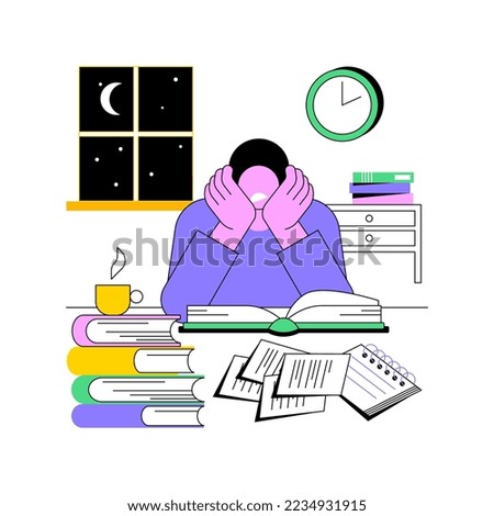 Study late at night isolated cartoon vector illustrations. Tired boy studying hard at late evening, educational process, preparing for university classes, pile of books around vector cartoon.