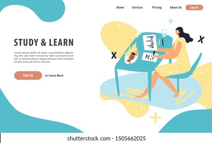 study and learn concept with female in learning desk doing homework. Landing modern page template vector illustration - Vector