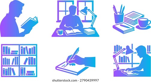 Study and learning icons with gradient effect: person reading, man at desk, books, pens, notebook, and lamp.