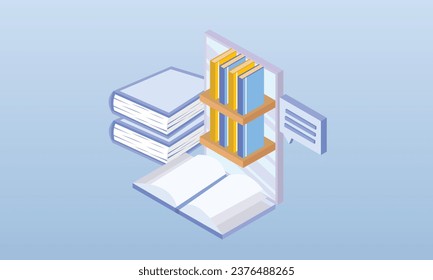 Estudiar el aprendizaje en línea en libros en casa leyendo cartas en la biblioteca en línea y estudiar con el concepto de educación móvil para smartphones.sobre fondo azul.Diseño 3D.diseño vectorial isométrico Ilustración.