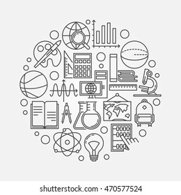 Study and learning round illustration. Vector back to school outline concept symbol made with icons of school subjects. Education creative background