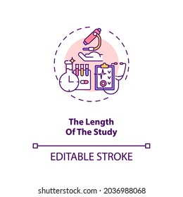 Study Length Concept Icon. Clinical Trial Protocol Idea Thin Line Illustration. Research Duration Planning. Potential Drugs Measurement. Vector Isolated Outline RGB Color Drawing. Editable Stroke