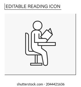 Study line icon. Schoolboy sitting on a school desk and reading a book. Process of acquiring skills and knowledge. Lesson. Reading concept. Isolated vector illustration. Editable stroke