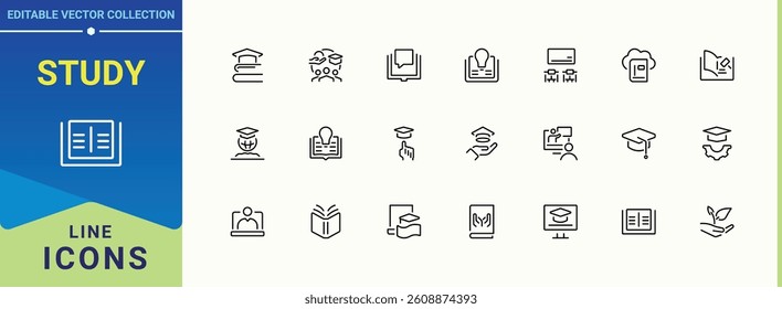 Study line icon set. Contains related to knowledge, course, e-learning, class and more. Education icon collection. Minimal thin line web icons set. Editable stroke collections.
