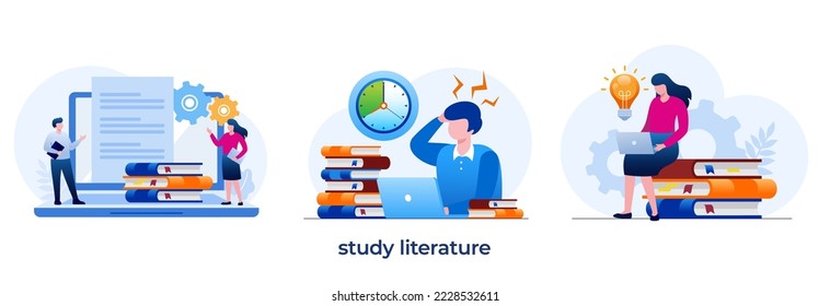 study literature and book reference, education concept, knowledge, book library, flat illustration vector