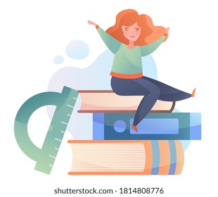 Study and Literature concept with happy girl student seated on a pile of textbooks waving her arms, colored vector illustration