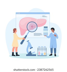 Study of liver disease, hepatology vector illustration. Cartoon tiny hepatologists with magnifying glass research anatomy infographic chart with liver, people analyzing health report for diagnosis