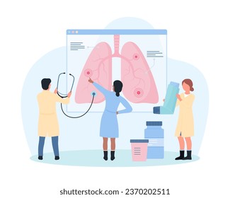 Study of lung diseases, pulmonology vector illustration. Cartoon tiny doctors or students with stethoscope analyzing detailed infographic anatomy chart with human organ, people research lungs
