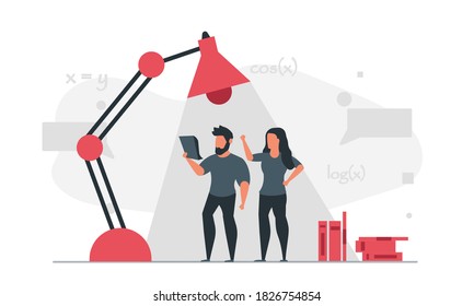 Study of man and woman. Homeschooled people at home learn subjects together. Online knowledge under a big lamp and books concept vector illustration
