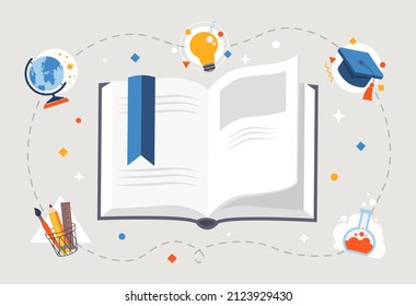 Study material concept. Book and library. Love for literature, knowledge, education and selfdevelopment. University and school. Graphic elements for website. Cartoon flat vector illustration