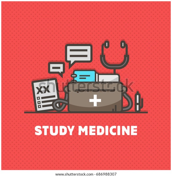 Study Medicine\
Doctor\'s Kit With Bag Notebook Stethoscope and Pen Line Art\
Illustration In Flat Style\
Design