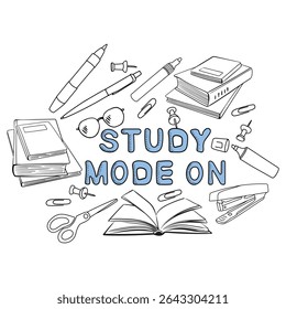Study mode on banner in doodle style. Lettering with black outline, hand drawn books, glasses, pencil and pen. Stylish design for children's online courses and classes.