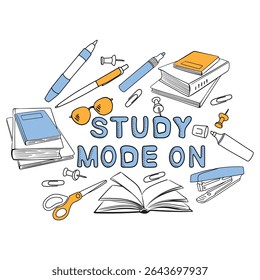 Study mode on banner in doodle style. Lettering with black outline, hand drawn books, glasses, pencil and pen. Stylish design for children's online courses and classes.