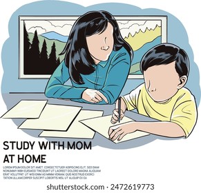 Study with mom at home illustration