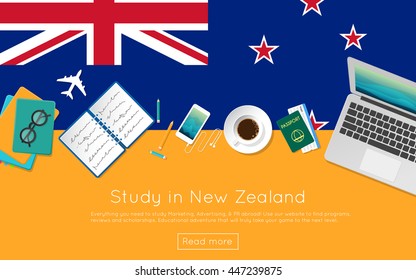 Study in New Zealand concept for your web banner or print materials. Top view of a laptop, books and coffee cup on national flag. Flat style study abroad website header.