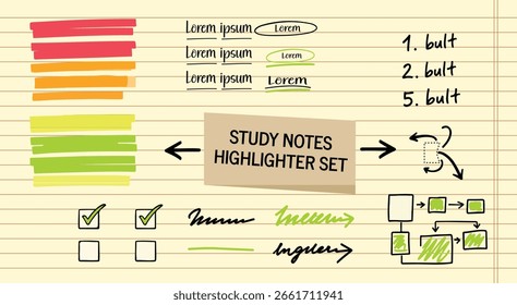 Study Notes Kit. Highlighter Doodle. Hand drawn vector set for school, planners, and bullet journals with arrows, checklists, and underlines.