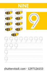 The study of numbers. Children's educational material. Number 9. Vector