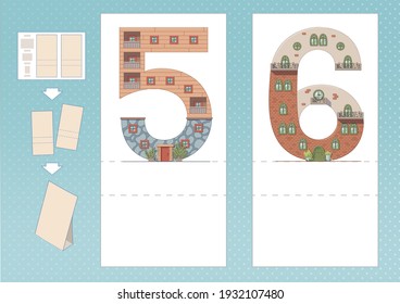 Study numbers. Number 5, 6 in house shape. Printable worksheet. Print, cut, fold, play. Horizontal lanscape page