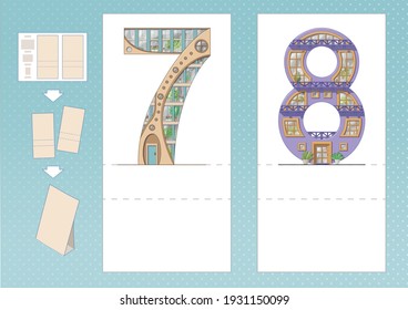 Study numbers. Number 7, 8 in house shape. Printable worksheet. Print, cut, fold, play. Horizontal lanscape page