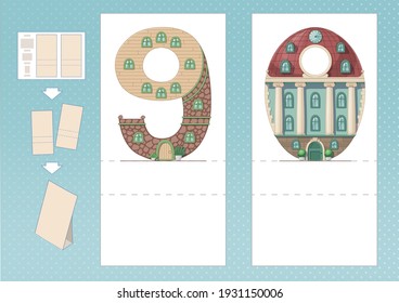Study numbers. Number 9, 0 in house shape. Printable worksheet. Print, cut, fold, play. Horizontal lanscape page