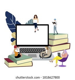 Study online concept. Vector remote education, distance training school, students studying sit on stack books and laptop, university learning illustration