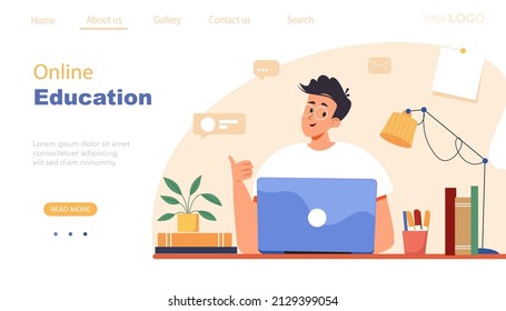 Study online landing page template, modern student or learner studying remotely from home, online student. Online education, training and courses, learning. Modern vector illustration in flat style.