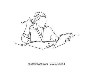 Estudiar en línea o concepto de webinar. Diseño de dibujo de línea única. Ilustración gráfica de Vector