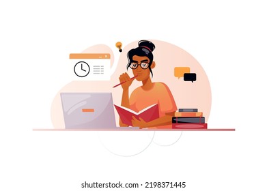 Study orange concept with people scene in the flat cartoon design. Girl is looking for the necessary information in books for a full study. Vector illustration.
