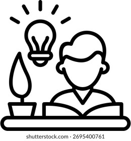 Icono del esquema del estudio que muestra el libro de lectura del estudiante con la bombilla para la Educación y la Inspiración