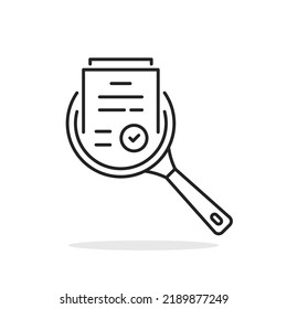 study overview or regulatory icon with thin line magnifier. flat trend lineart simple exam logotype stroke art design web element isolated on white. concept of inspection pictogram or survey symbol